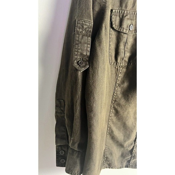 Liz Claiborne Linen Button Up Brown Sz L Top Roll Tab Sleeves - Picture 4 of 11